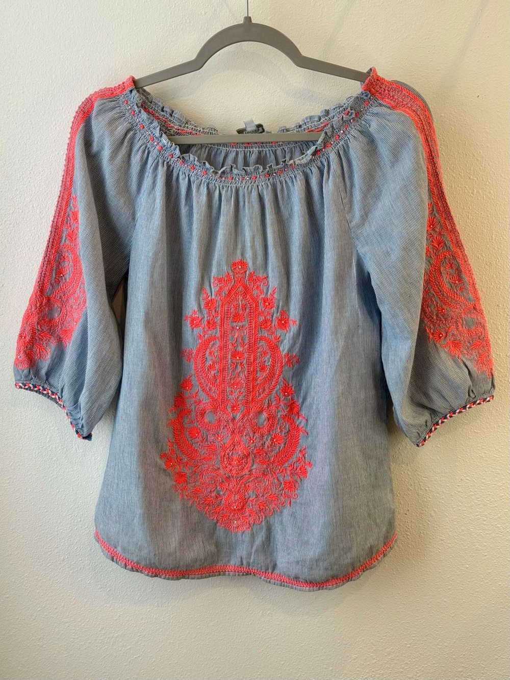 Christophe Sauvat Embroidered Peasant Blouse Small Boho Off Shoulder Cotton